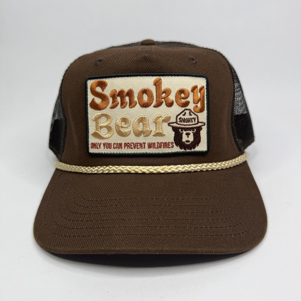 Smokey Bear Trucker Hat Mens OSFM Brown Mesh Snapback Rope Patch Outdoors